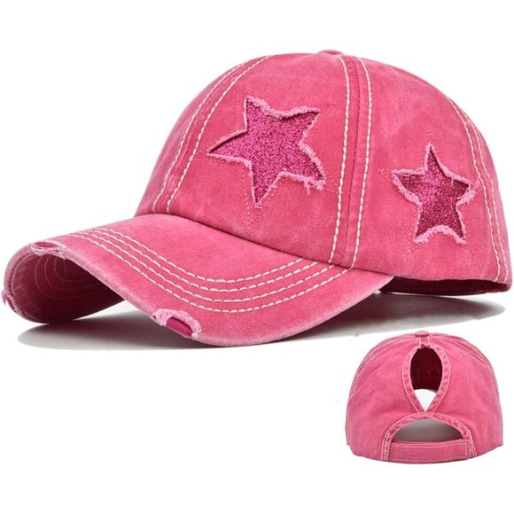 Accessories - Womens Pony Hat High Ponytail Baseball Cap 0001-star Solid Fabric Hot Pink